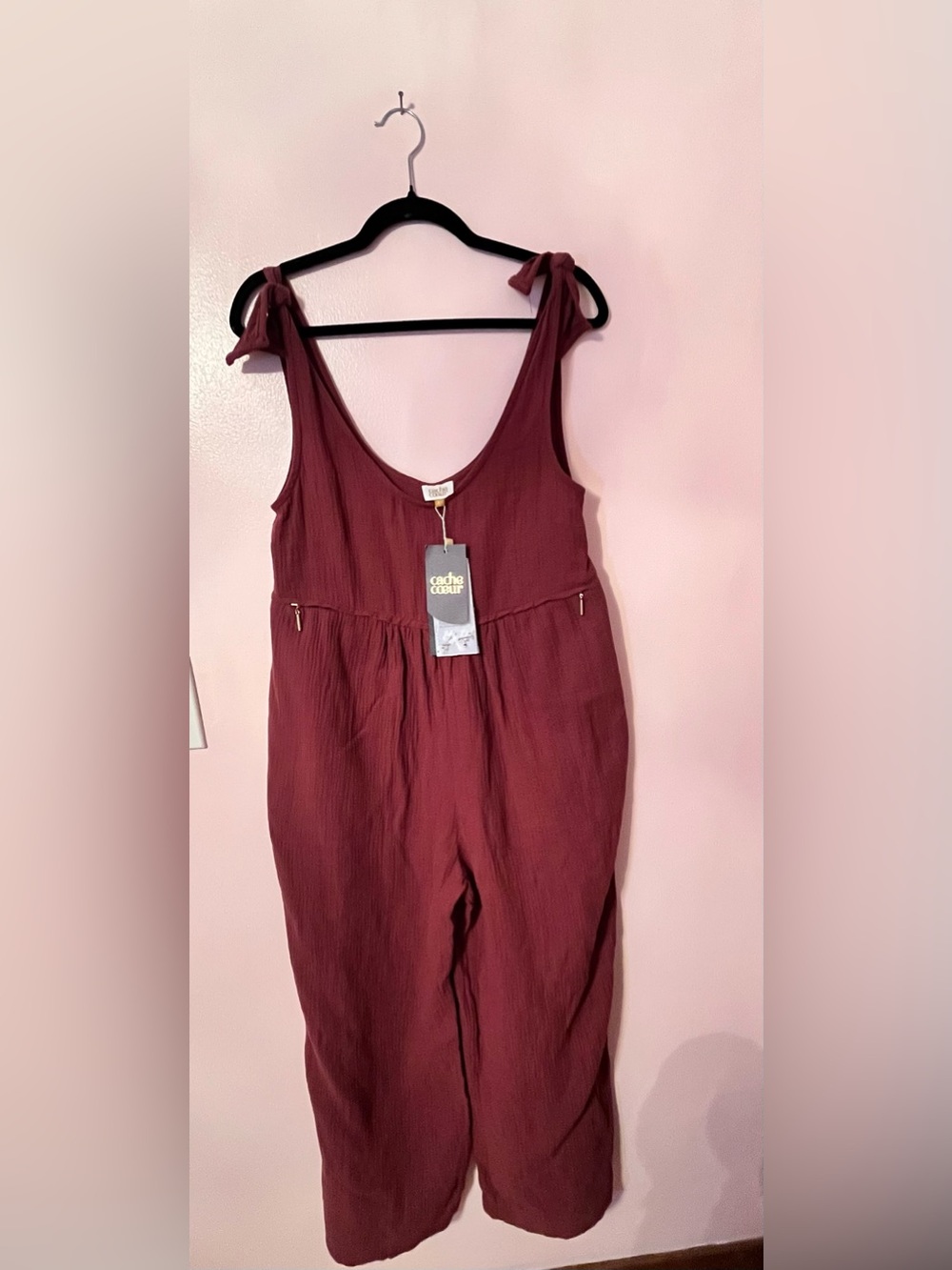 Tie-Shoulder Wide-Leg Jumpsuit in Deep Burgundy maternity